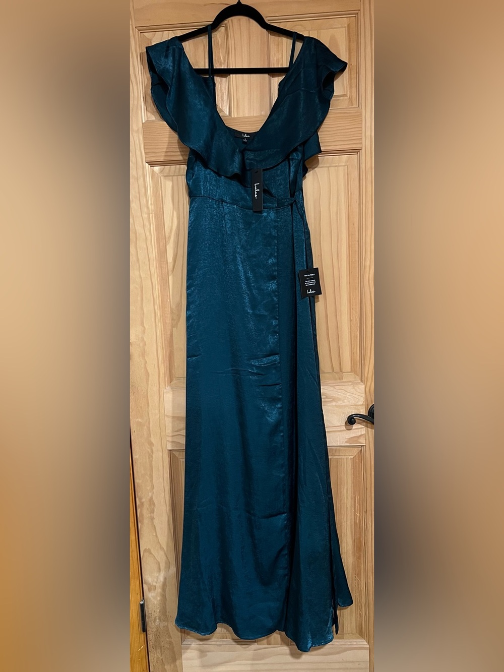 Lulu's Teal Ruffle-Trim Satin Maxi Dress